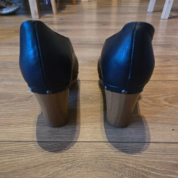 Kork-Ease Black Leather Slip-On Clogs with Tan Wood Heel - Picture 9 of 12